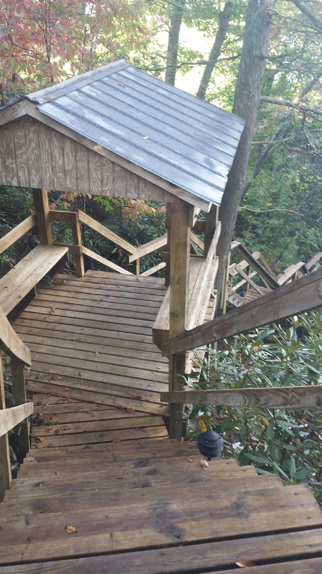 Metal roofed shelter over wooden steps on a wooded walkway — Skylight Repair & Installation work by our crew in Ottawa Lake